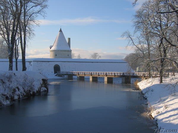 Kuressaare castle moat and tower in winter.