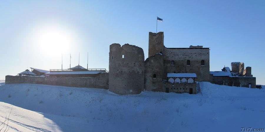 Side of Rakvere castle ruins winter panorama