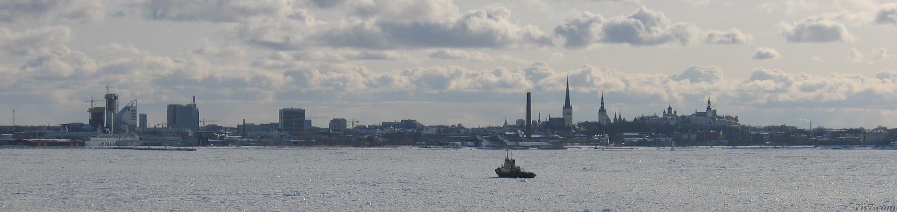 Talllinn cityscape seen from frozen sea.